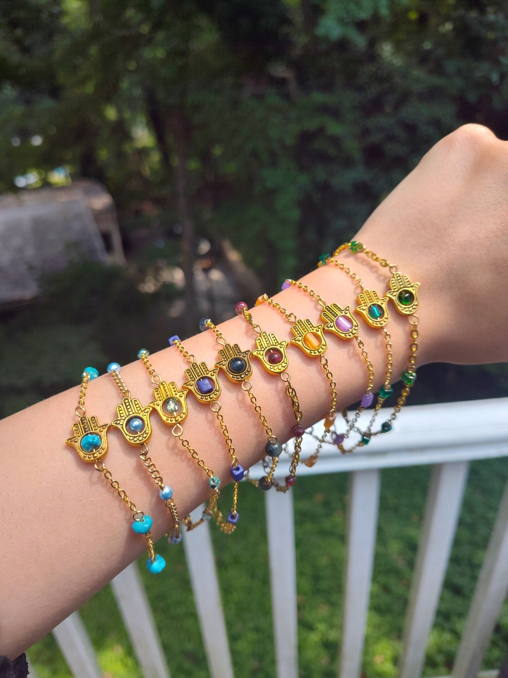 10 Gold Hamsa Bracelets with Multicolor Stone Accent - Women's Jewelry